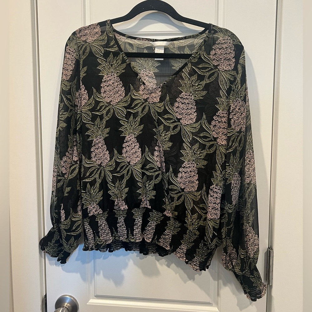 H&M Black and Pink Floral Sheer Blouse